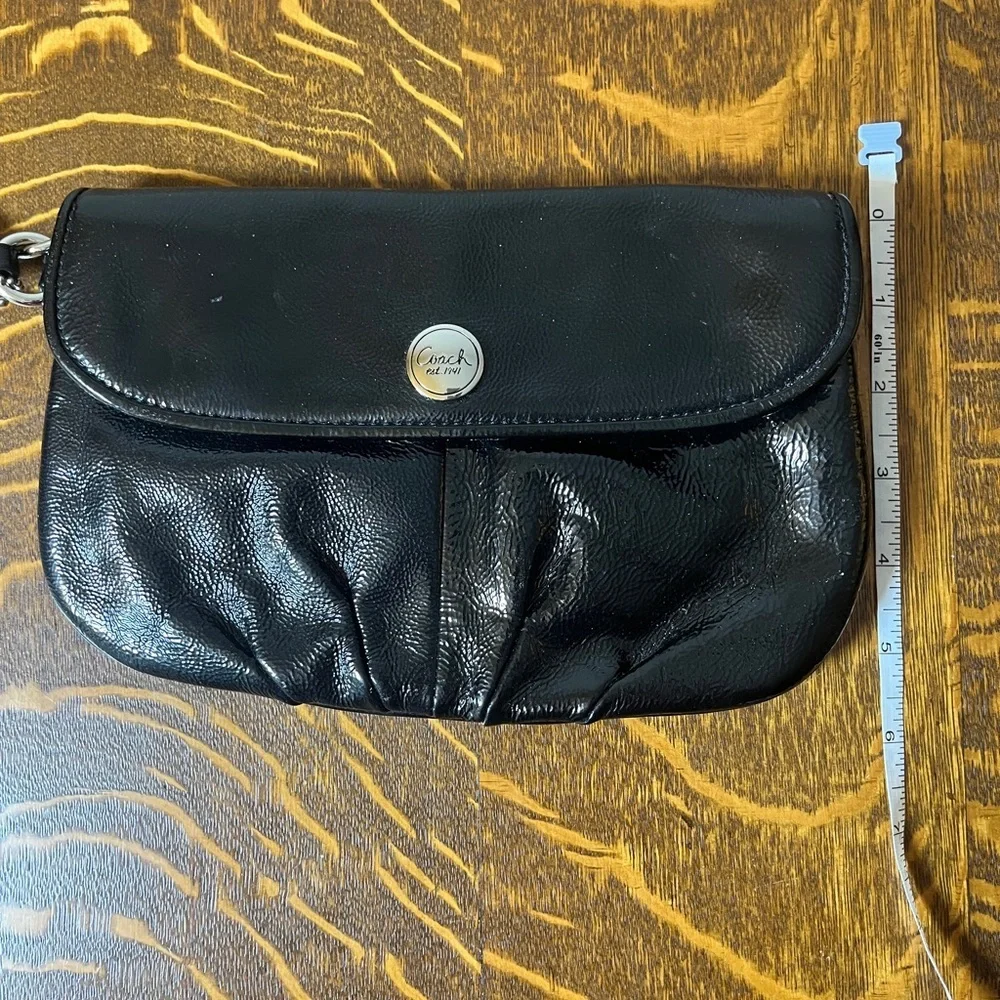 Coach Black Patent Leather Clutch Wristlet with Silver Accents